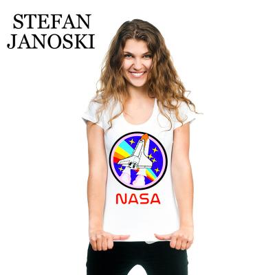 China Customized NASA Logo Graphic Tee Ribbed Crew Neck Anti-pilling Shorts Sleeves Vintage-Cut Cropped Edge T-Shirt for sale