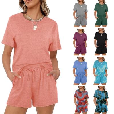 China New Ladies Solid Color QUICK DRY Casual Short Sleeve Elastic Strap Pocket Shorts Suit Women Pajamas for sale