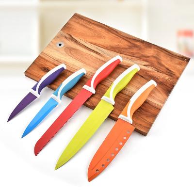 China Viable Factory OEM 5pcs Professional Kitchen Knife Set Stainless Steel With Colored Nonstick Coating Blade for sale