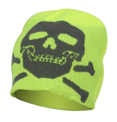 China COMMON Promotional Winter Customized Design Skull Reflective Logo Knit Rib Beanie Hat for sale