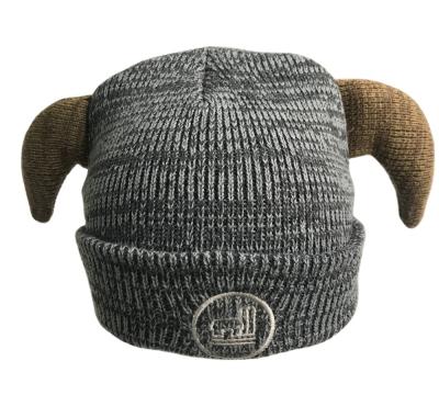 China Cute COMMON Viking Horn Hat Gray Knitted Bull Horn Hat Marled Hemp Kids Yarn for sale