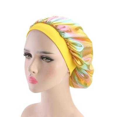 China Sleeping Designer Double Layer Satin Bonnet Sale Silk Bonnets Double Layer Hot Satin Band Elastic Bonnets For Women for sale