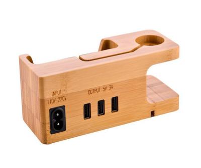 China For iPhone5/6/6 plus 7/7 plus Multifunctional Bamboo Charger Stand 3-Port USB Charging Dock for iPhone 7/6 Plus/6/SE for Apple Watch Charging Stand for sale