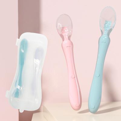 China P.P. cuchara de bebe BPA free 2 as 1 color set newborn toddler feeding spoon with box baby silicone for sale