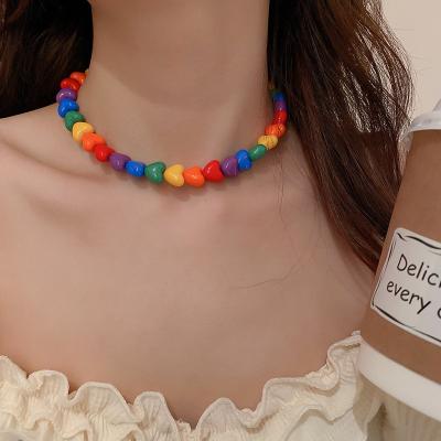 China Cute Designer Cute Candy Heart Necklace Acrylic Rainbow Bead Chunky Necklace for sale