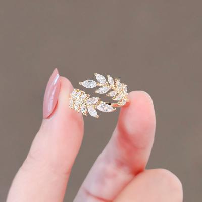 China Simple Korean Open Exquisite Gold Plated Leaf Ring Vintage Temperament Style Crystal Ring Female Central Statistical Institute for sale