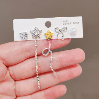 China Trendy Fashion Diamond Tassel Earrings 5pcs Stone Stud Earrings Set Crystal Pearl CZ Stud Earrings for sale