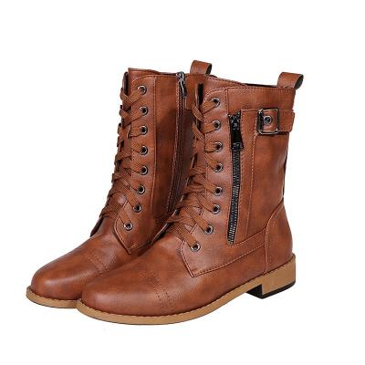 China 2021 Hot Amazon Sale Autumn And Winter PU Mid-tube Flat Martin Boots Outer Wear For Women for sale