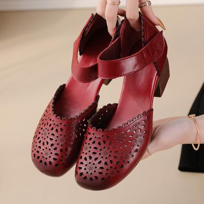 China Cushioning Retro High Heel Shoes For Women Hollow Out Sandals For Famale Adult Oxford Genuine Leather Mesh Breathable Shoes Outdoor Shoes for sale