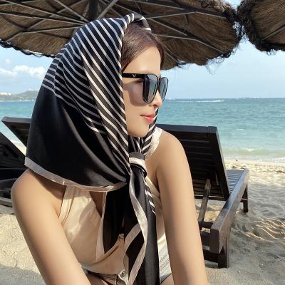 China Soft and gentle feeling Nordic style printed square stripe silk sunscreen simple 90*90cm Baotou silk scarf for sale