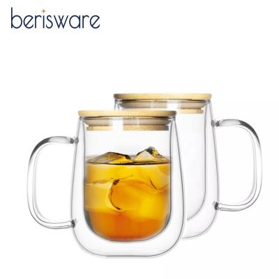 China Berisware Amazon 450ml Double Wall Glass 15.2OZ Viable Hot Selling Glass Mug With Lid Bamboo Glass Coffee Mug for sale