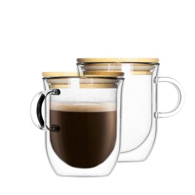 China New Sustainable High Borosilicate Glass from Beris Heat-Insulated Double Wall Glass Mug for Hot Coffee and Tea with Bamboo Lid for sale