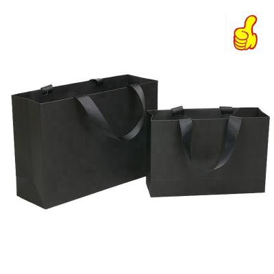 China Recyclable Bespoke Printed Logo Luxury Black Jewelry Paper Bag Shoes/Clothes Packaging Shopping Paper Bag With Ribbon Handles for sale