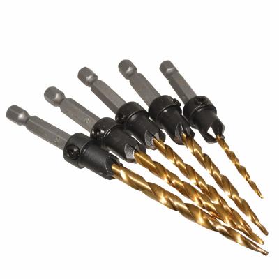 China Taper Drill With Widened Flutes For Drilling Fast 5pcs Titanium Plated Useful Hss Woodworking Countersink Drill Bit Set for sale