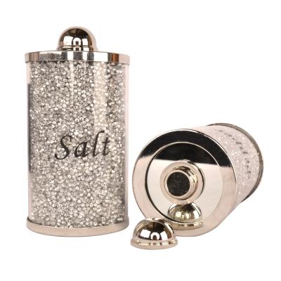 China Cover Kitchen Pit Salt Pepper Storage Canisters Diamond Sliver Crushed Crystal Filled Set for sale