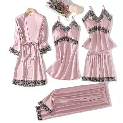 China OEM Wholesale High Quality Luxury Silk Robe Set QUICK DRY Lace Long Sleeve Pajamas 5pcs Solid Sleepwear For Women/Girls/Ladies for sale