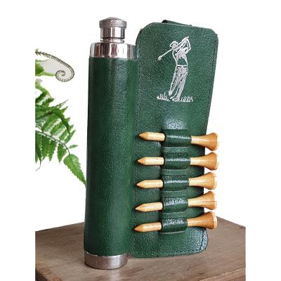 China Hop Flask Holder Vintage Leather Golf Tee & Golf Tee Hipflask Golfer's Flask Set Complete With Wooden Golf Tees for sale