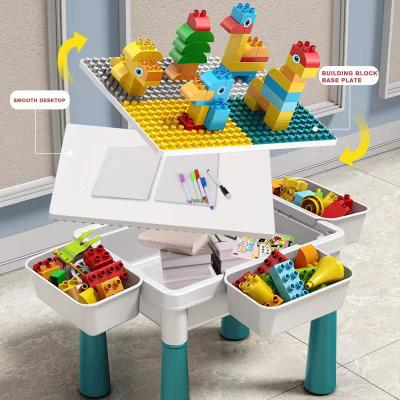 China New Design Eco-friendly Material Kids Learning Playing Plastic Toy Building Blocks Table With Chair Set for sale