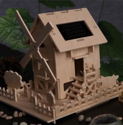 China New Wooden DIY Planks Windmill House Warm Solar Powered Wooden Toy For Kids for sale