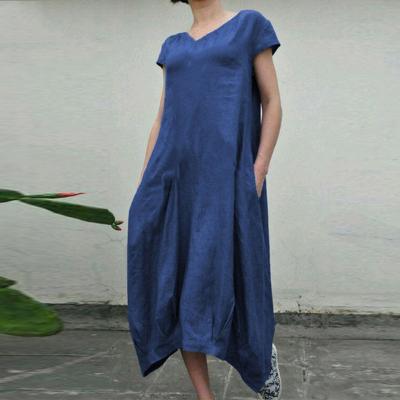 China Solid Color Breathable Loose Pocket Summer Short Sleeve Around Neck Cotton Mid Waist Casual Dress Women's Clothing for sale