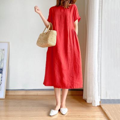 China 2022 New Summer Japan Style Cotton Breathable Canvas Pockets Loose Vintage Casual Dresses Short Sleeve Oversized Long Dress For Women for sale