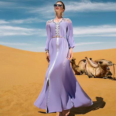 China Maxi Dress Handmade Rhinestone Dubai Abaya Breathable Women's Long Sleeve Elegant Style Dresses With Belt for sale