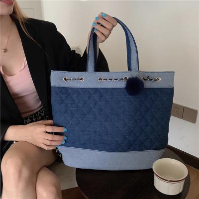 China Large Fashion Denim Blue Canvas Lady Bags Tote Handbag Women's Drawstring Bucket Backpack Rhomboid Handbags for sale