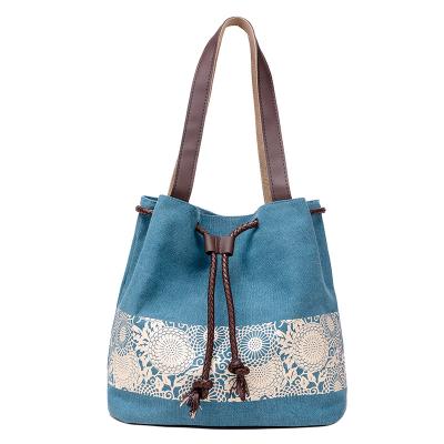 China High Quality Style Women Canvas Tote Bag Bohemian Blue Hippie Handbags Ethnic Bucket Bag for sale