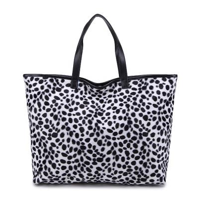 China Newest Fashion Faux Fur White Leopard Printing Large Travel Tote Bag For Women Fashion Fur Handbags for sale