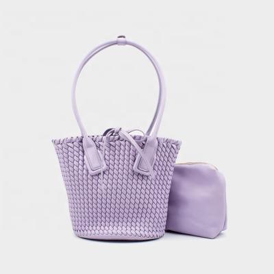 China High Quality Summer Beach PU Bucket Soft Leather Woven Bag for Women Luxury Woven Purses and Handbags for sale