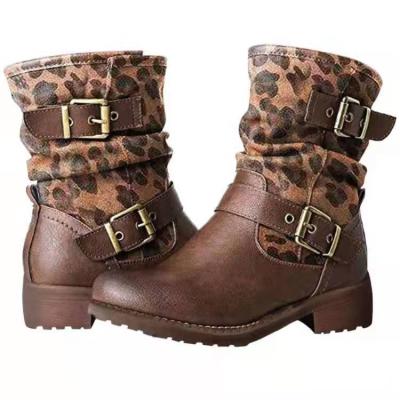 China Knight Boots Leopard Print Suede Leather Belt Buckle Thermal Autumn Boots With Flat Heel Women Walking Boot for sale