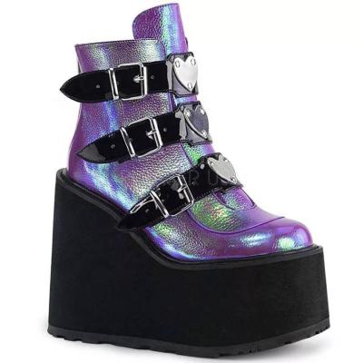 China Fashion Trend Lady And Girls Fashion Glitter Purple Wedges Sneakers Walking Shoes Women Laser Causal Sneakers for sale