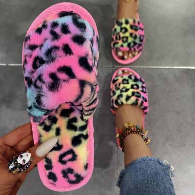 China Fashion Trend Colorful Leopard Printing Faux Fur Women Winter Slippers 2021 Soft Hairy Slide Sandals Slippers for sale