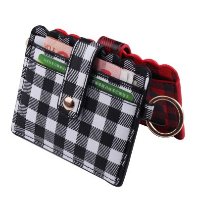 China Durable factory custom women red and white grain soft checked credit card holder key chain pu leather credit card holder for sale