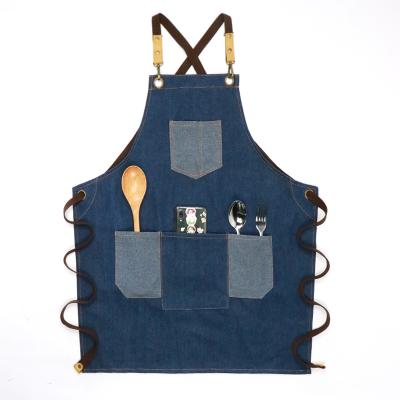 China Eco-Friendly Apron Adjustable Contrast Denim Pocket Quilting Bartender Apron With Straps for sale