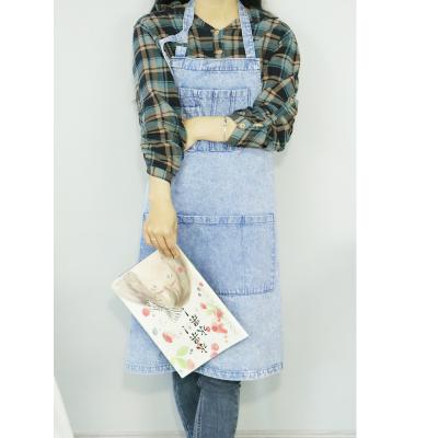 China Blue Drinks / Food Custom Logo Washed Denim Apron Hairdresser Bartender Work Apron for sale