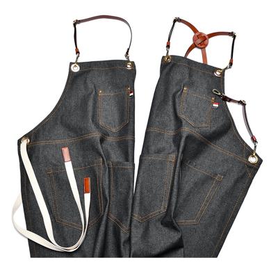 China AZO Free Hot Sale Restaurant Work Uniforms Shop Coveralls Denim Apron With Tool Pockets For Bartender Barber for sale