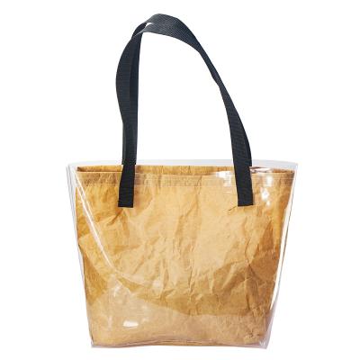 China AZO Free Original Fashion Kraft Paper PVC Waterproof Separable Shopping Tote Beach Bag Brown for sale