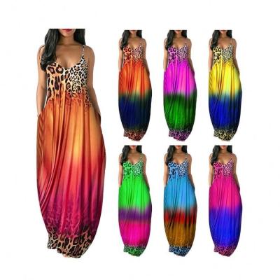 China Newest Design E-D8845 Breathable Hot Selling Women's Sleeveless Strap Maxi Dresses For Summer Leopard Print Loose Long Dress for sale