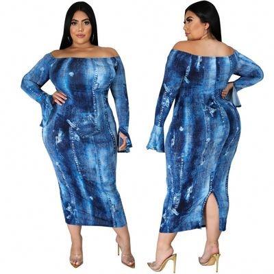 China Breathable Casual Dress A-Line Neck Split Skirt Autumn Womens Clothing Bodycon Tie Dye Long Sleeve With Flare Sleeve Plus Size Midi Printed for sale