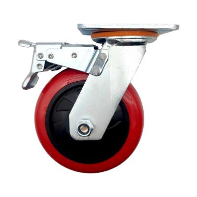 China Heavy Duty PU Caster Wheel Rigid Industry 8 Inch Red PU Swivel Caster Wheel With Brake for sale