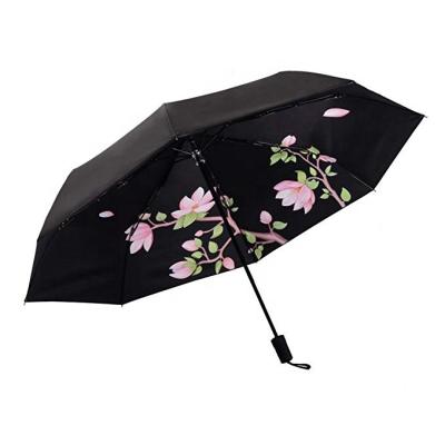 China Special Customized High Quality Flower Print Inside Umbrella Sun Protection 3 Times UV Umbrella With Black Coating Fabric for sale