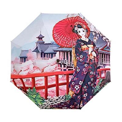 China The Folding Waterproof Fabric For Umbrella Three Fold Sakura Digital Printing Japanese Umbrella for sale