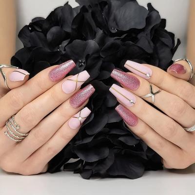 China Easy Apply Gold Supplier Series New Elegant Popular Rose Gold Glitter Custom Press On Nails Fake Nails Luxury Brand for sale