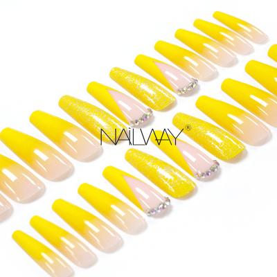 China Easy Apply 24pcs Full Cover Rhinestones Yellow Nail Supplies Wholesale Coffin Shape Long Press On Nails for sale