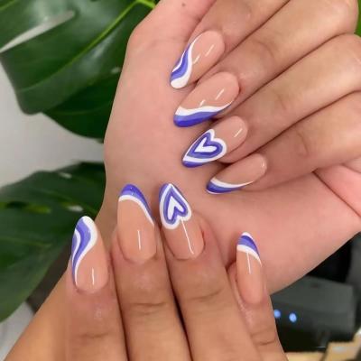 China Easy Apply Custom 24 Pcs Blue French Fake Nails With Heart Design Almond Acrylic Nails Medium Press On Nails for sale