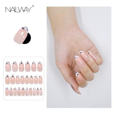 China Easy Apply Quickly Ship 24 Pcs / Full Set Coverage Long Press On Nails Design French Nail Stiletto Tip for sale