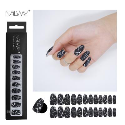 China Easy Apply Marble Print Long Coffin Nails Mid Length Fake Nails Press On Nails Packaging Box Custom Logo for sale