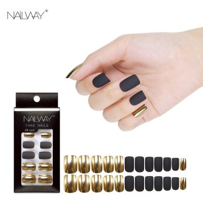 China Easy Apply 24 Pcs Short Artificial Nails Matte Short Square Stick On Nails Metallic False Nails for sale