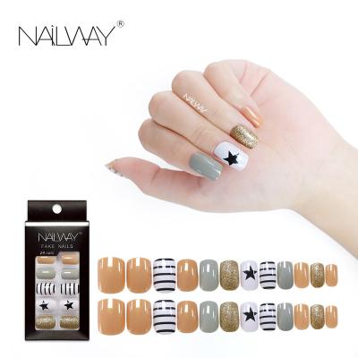 China Easy Apply Customized Easy Apply Colorful Star Print Finger Nails Glossy ABS Short Press On Nails for sale